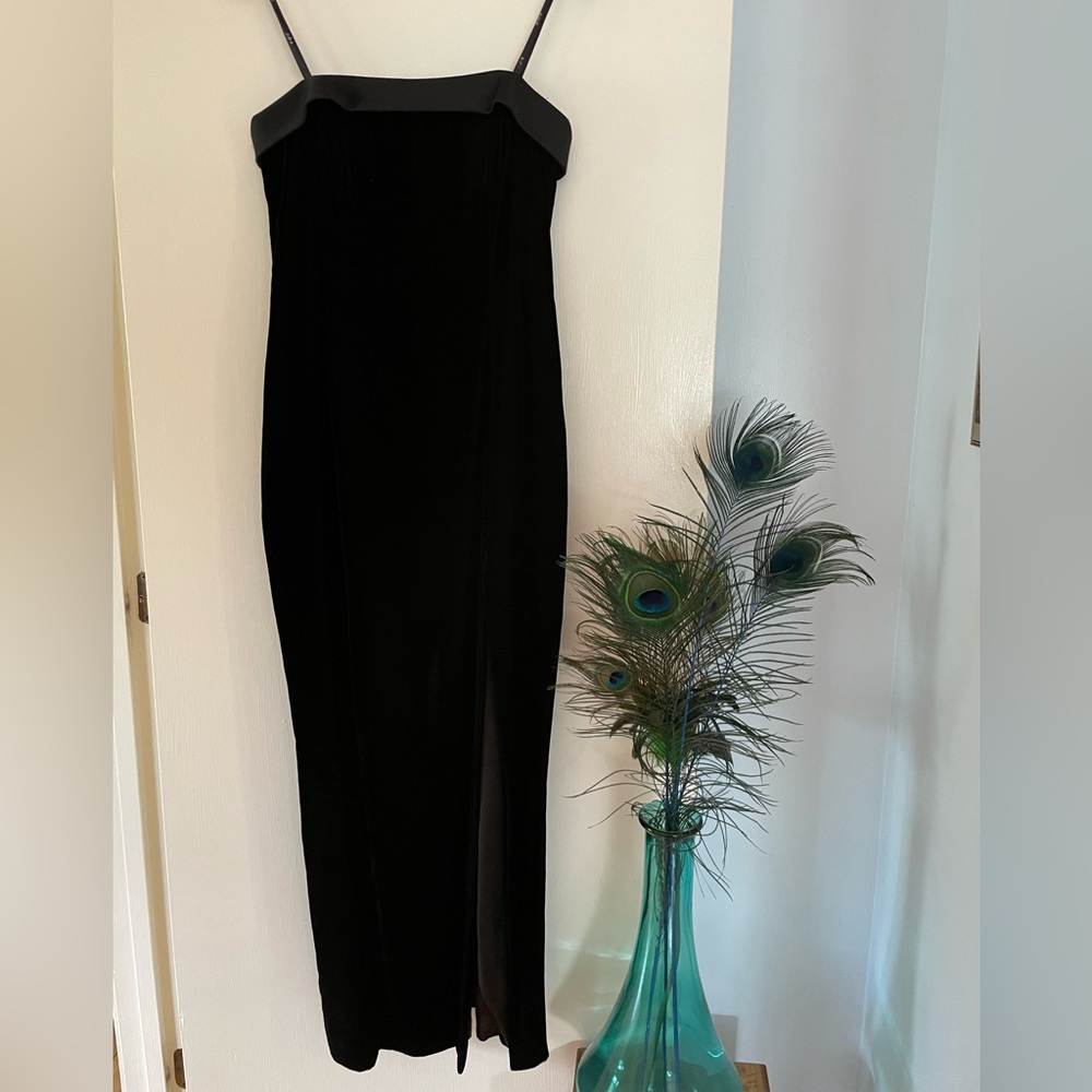 Strapless black velvet fitted full length dress, size 8